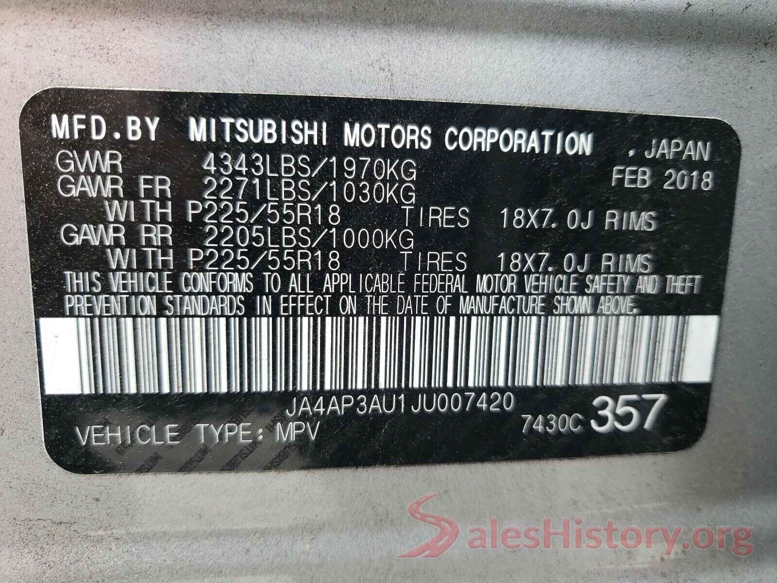 JA4AP3AU1JU007420 2018 MITSUBISHI OUTLANDER