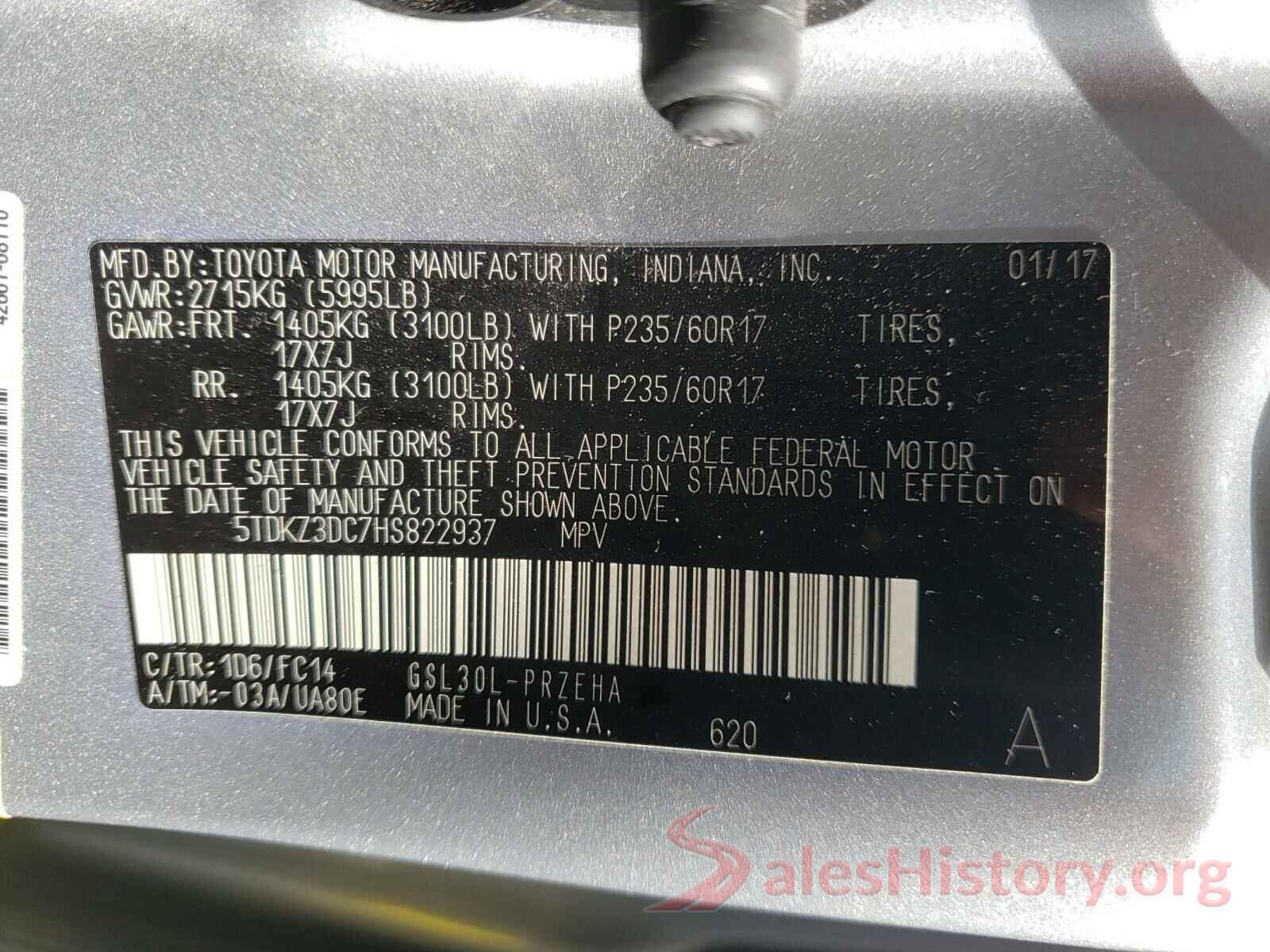 5TDKZ3DC7HS822937 2017 TOYOTA SIENNA