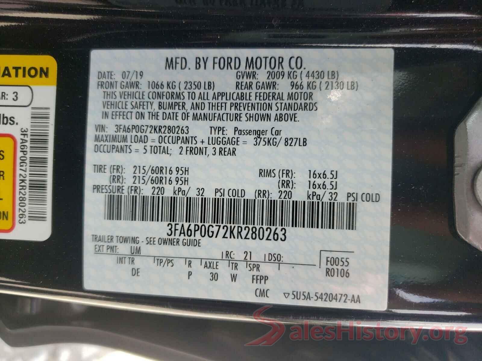 3FA6P0G72KR280263 2019 FORD FUSION