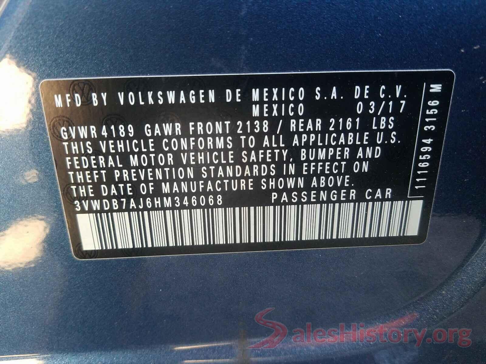 3VWDB7AJ6HM346068 2017 VOLKSWAGEN JETTA