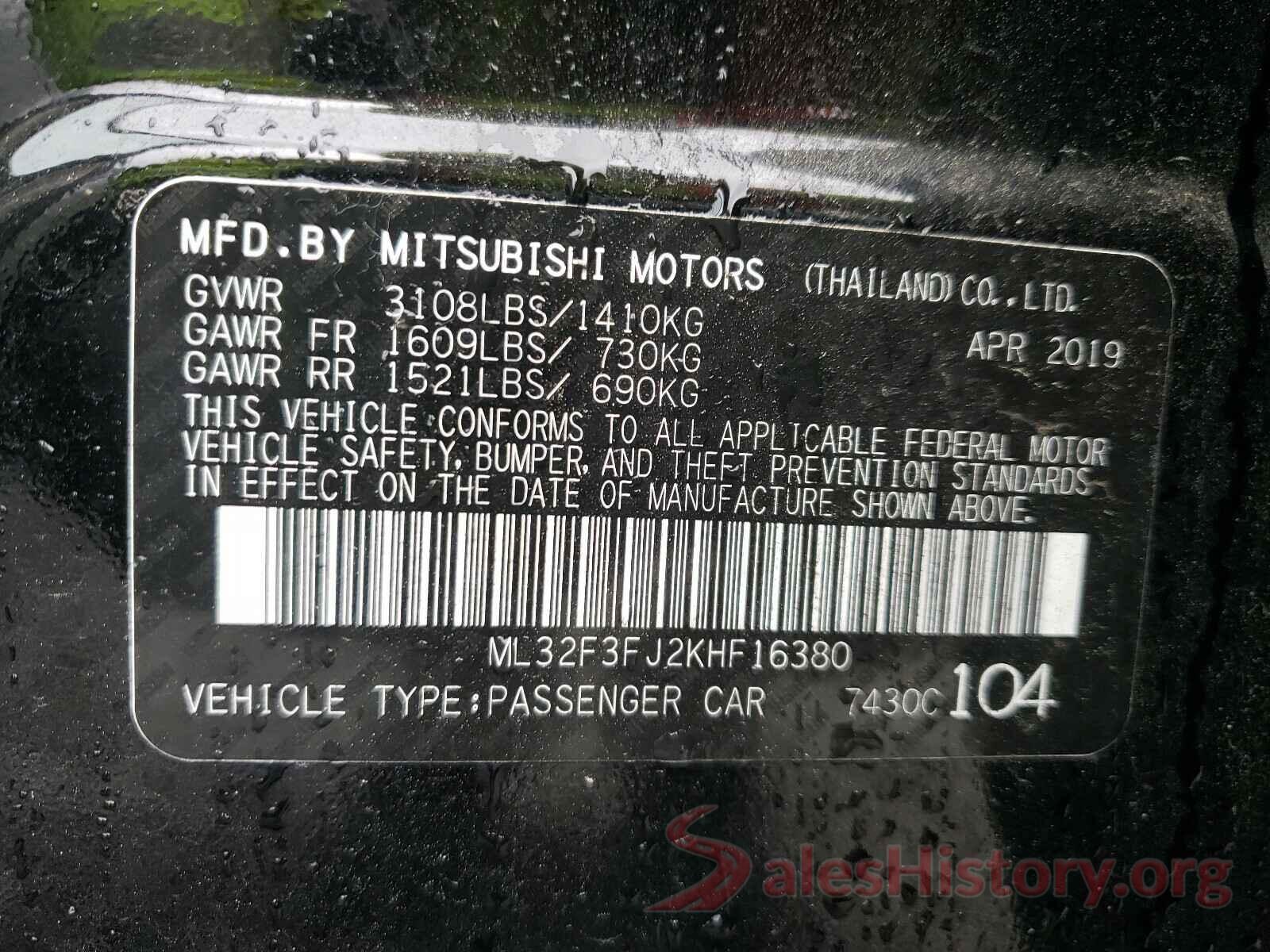 ML32F3FJ2KHF16380 2019 MITSUBISHI MIRAGE