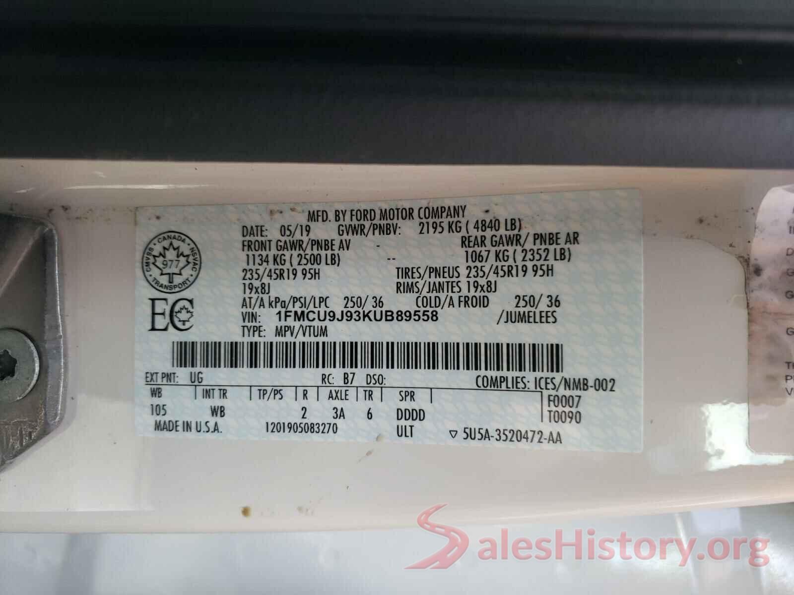 1FMCU9J93KUB89558 2019 FORD ESCAPE