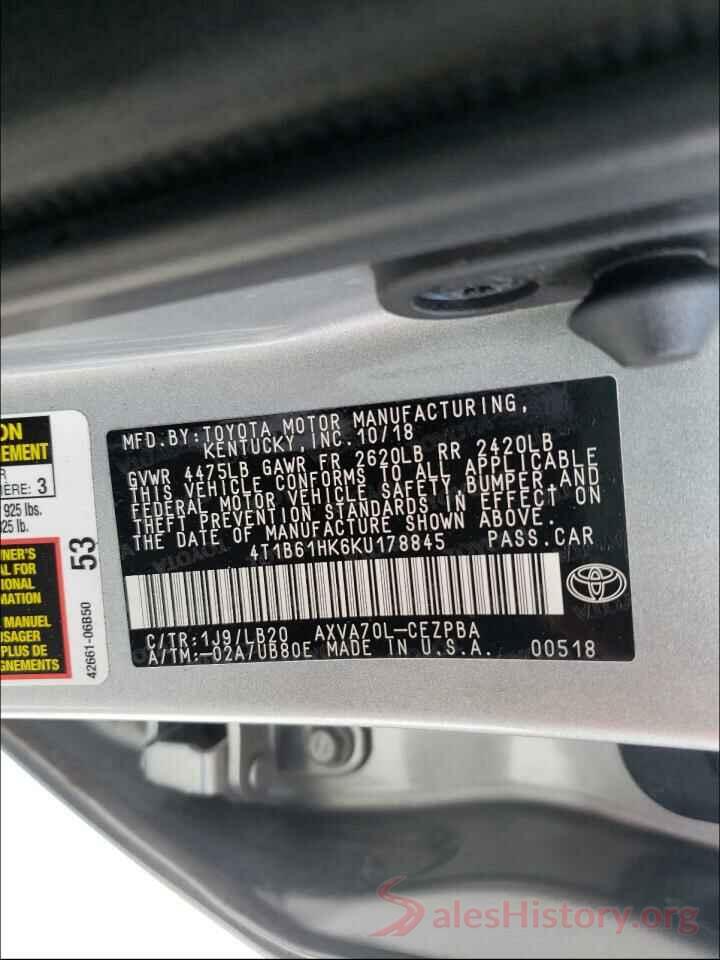 4T1B61HK6KU178845 2019 TOYOTA CAMRY