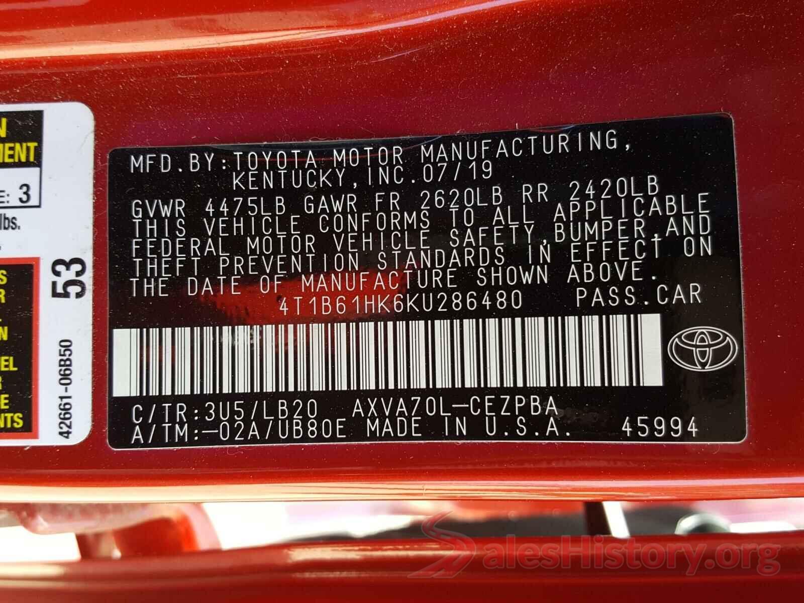 4T1B61HK6KU286480 2019 TOYOTA CAMRY