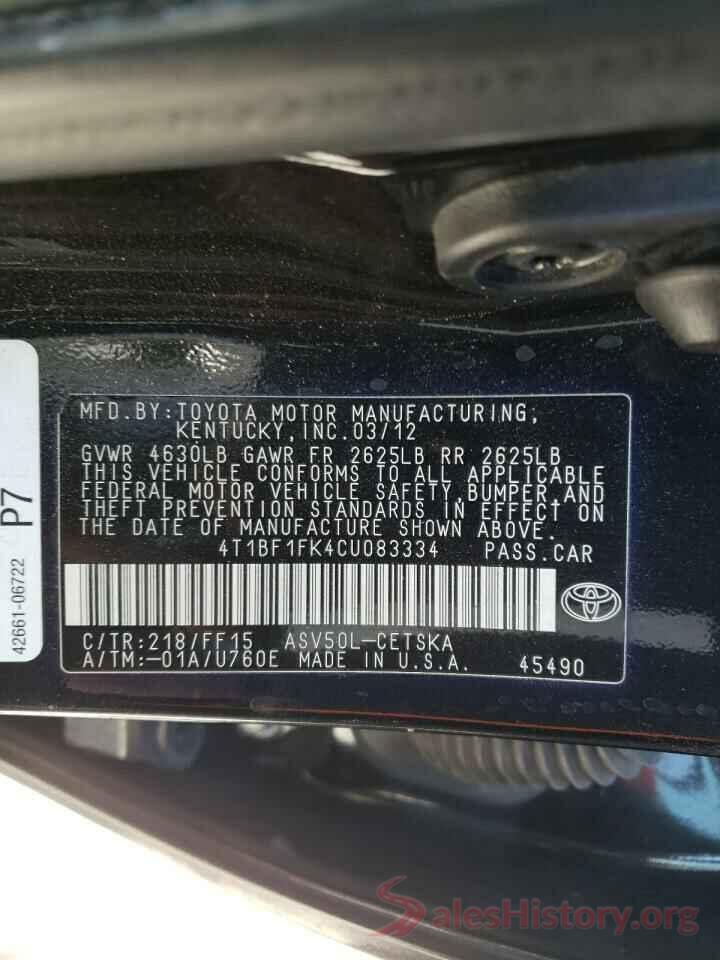 4T1BF1FK4CU083334 2012 TOYOTA CAMRY