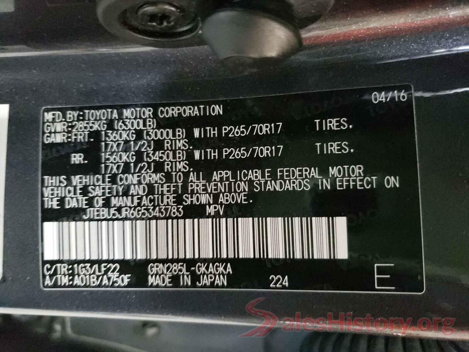 JTEBU5JR6G5343783 2016 TOYOTA 4RUNNER