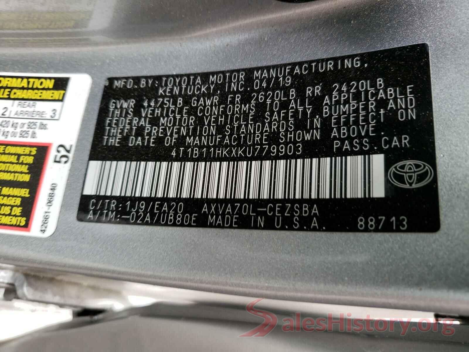 4T1B11HKXKU779903 2019 TOYOTA CAMRY