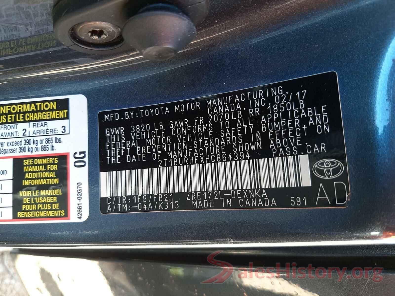 2T1BURHEXHC864394 2017 TOYOTA COROLLA