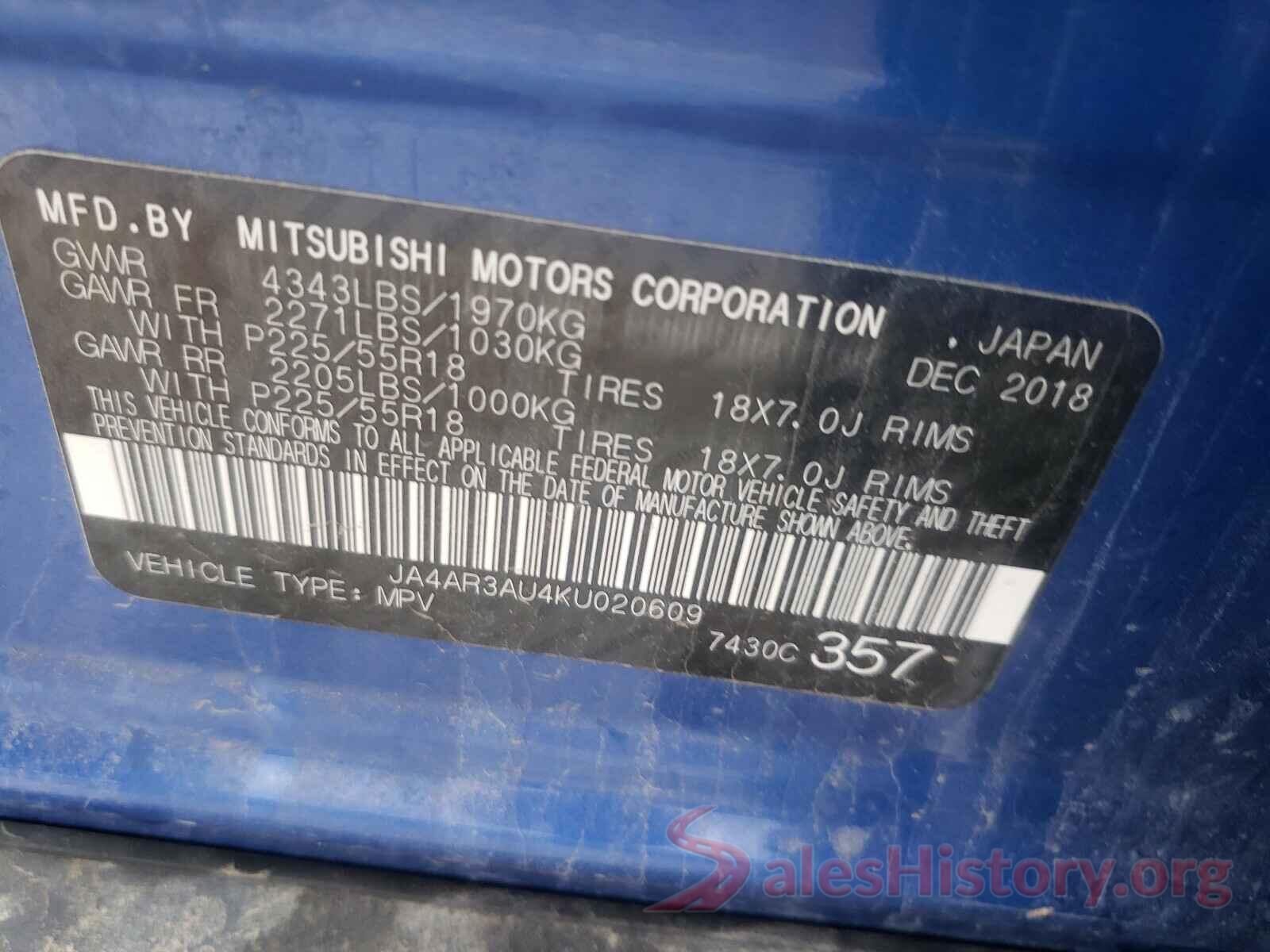 JA4AR3AU4KU020609 2019 MITSUBISHI OUTLANDER