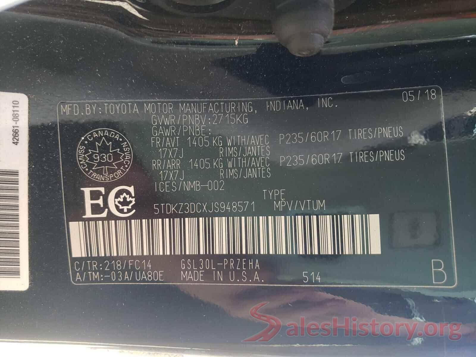 5TDKZ3DCXJS948571 2018 TOYOTA SIENNA