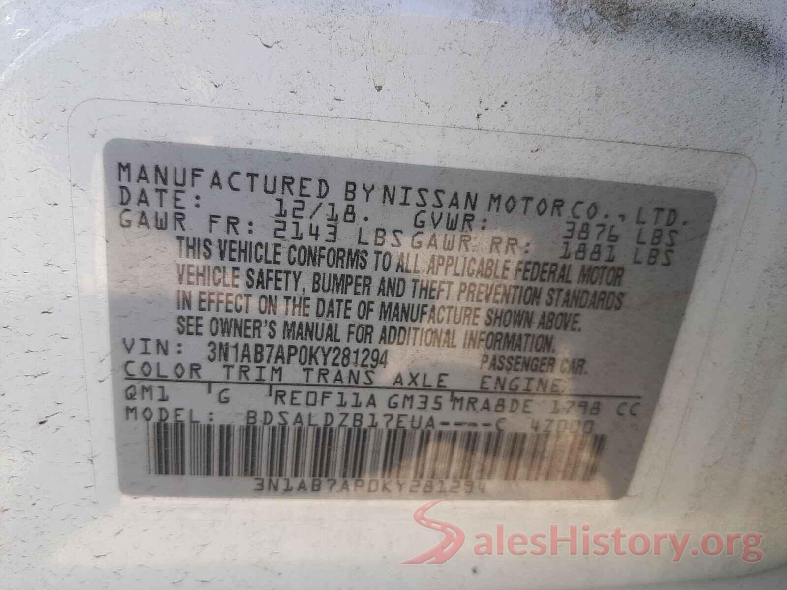 3N1AB7AP0KY281294 2019 NISSAN SENTRA