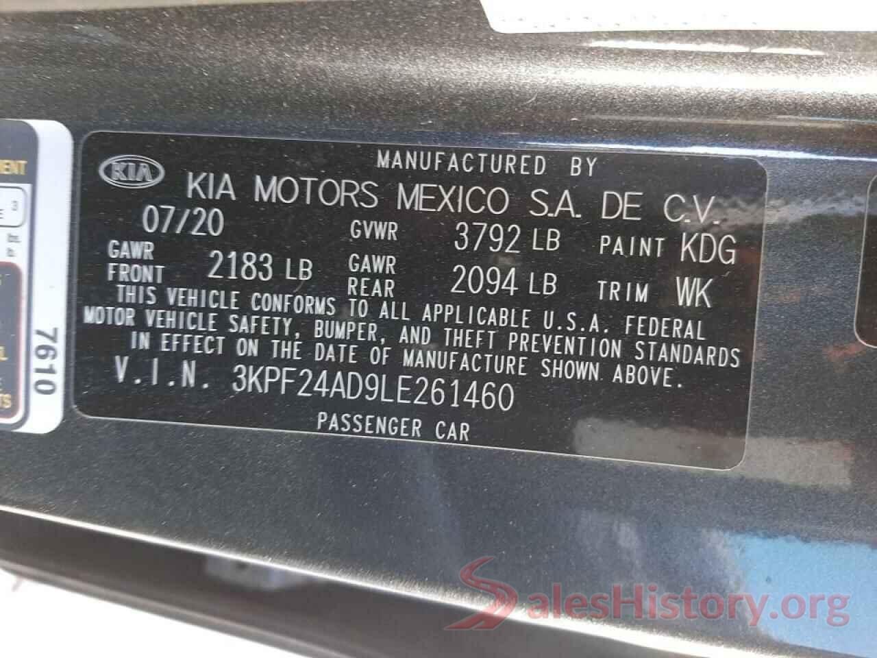 3KPF24AD9LE261460 2020 KIA FORTE