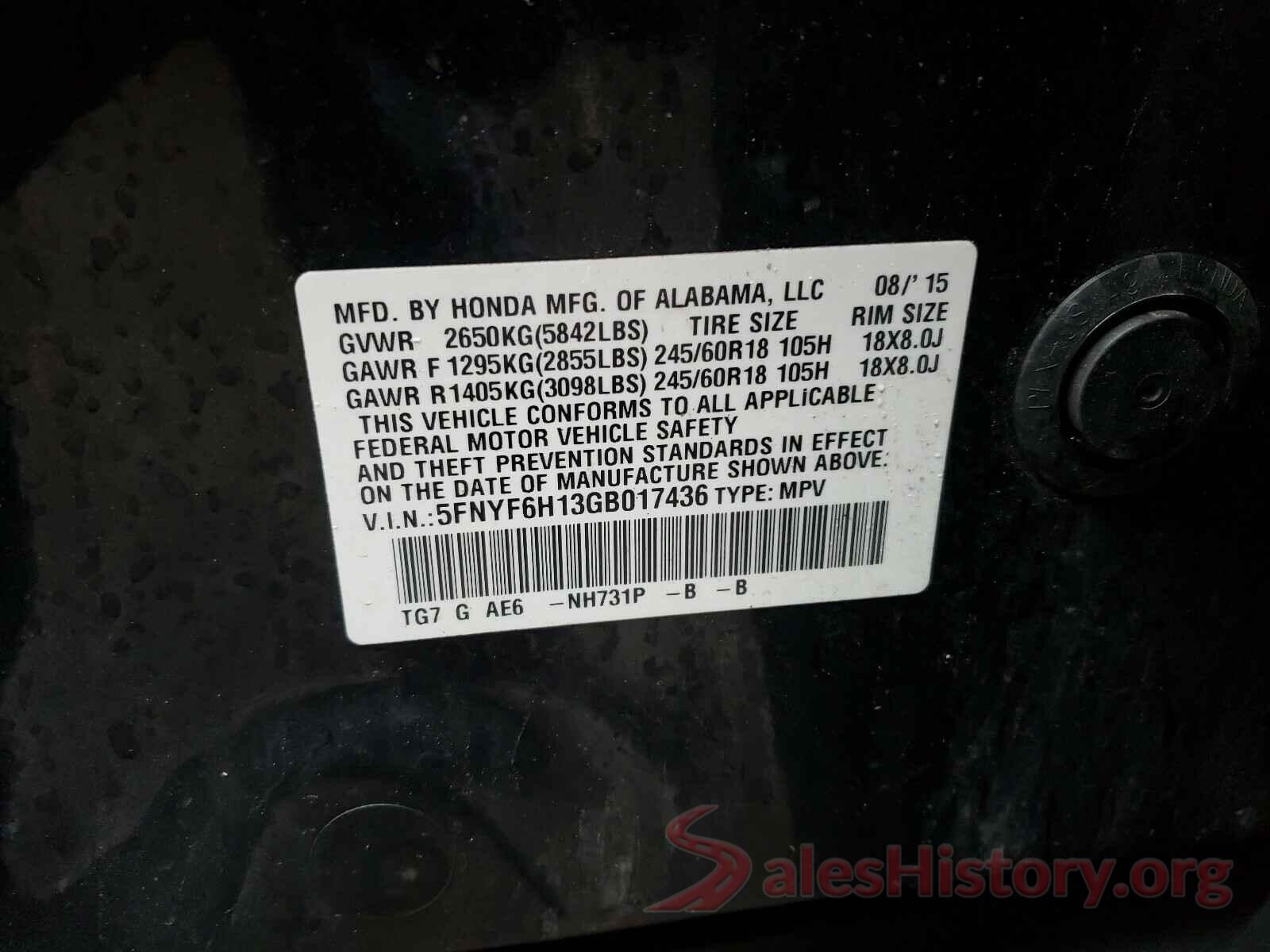 5FNYF6H13GB017436 2016 HONDA PILOT