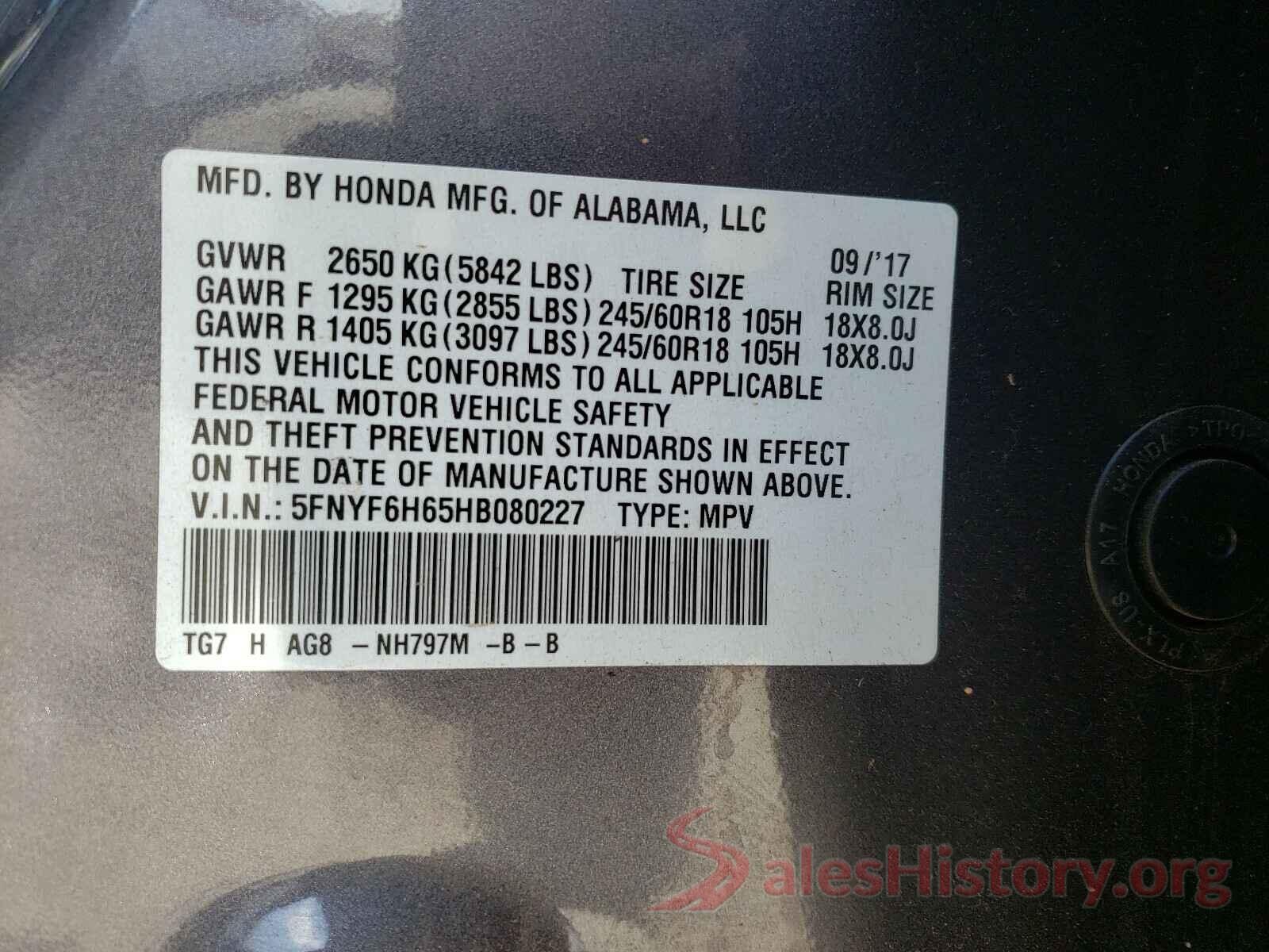 5FNYF6H65HB080227 2017 HONDA PILOT