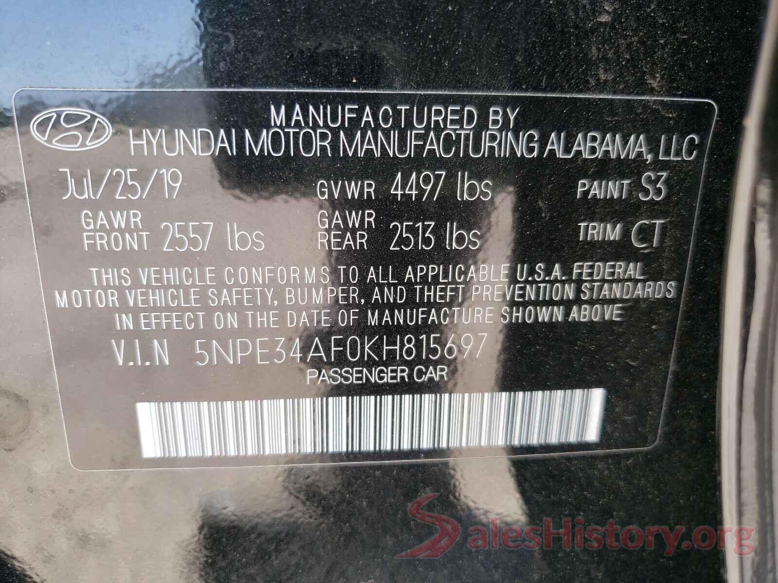 5NPE34AF0KH815697 2019 HYUNDAI SONATA