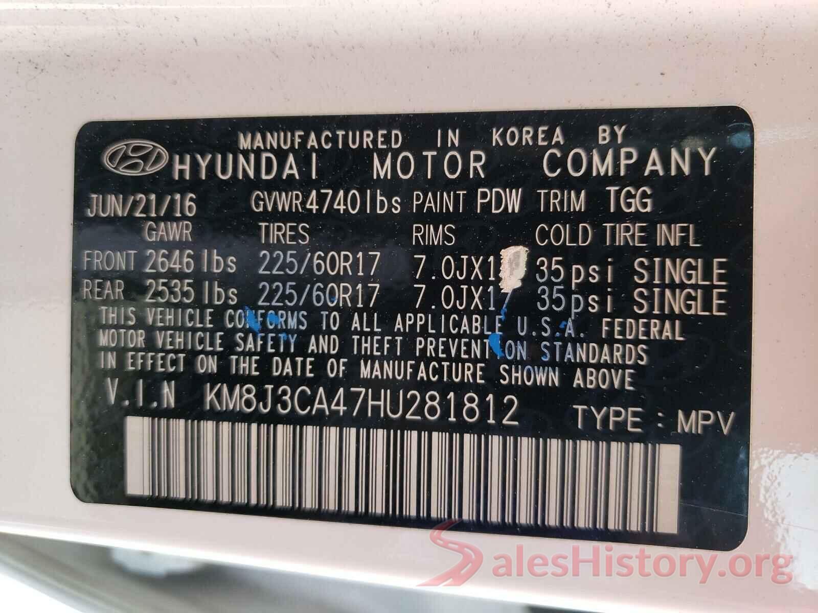 KM8J3CA47HU281812 2017 HYUNDAI TUCSON