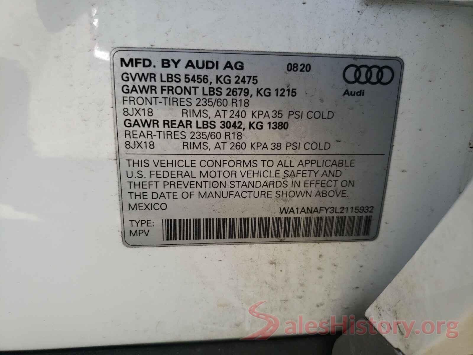 WA1ANAFY3L2115932 2020 AUDI Q5