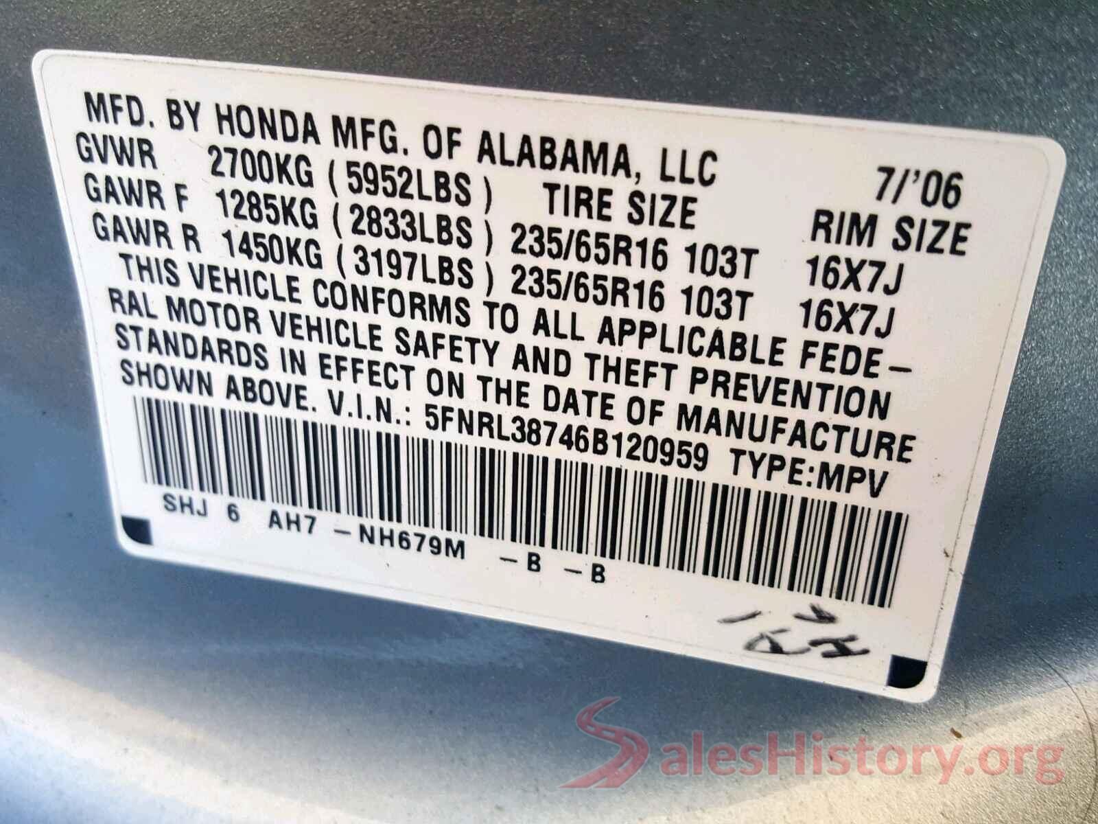 5FNRL38746B120959 2006 HONDA ODYSSEY EX