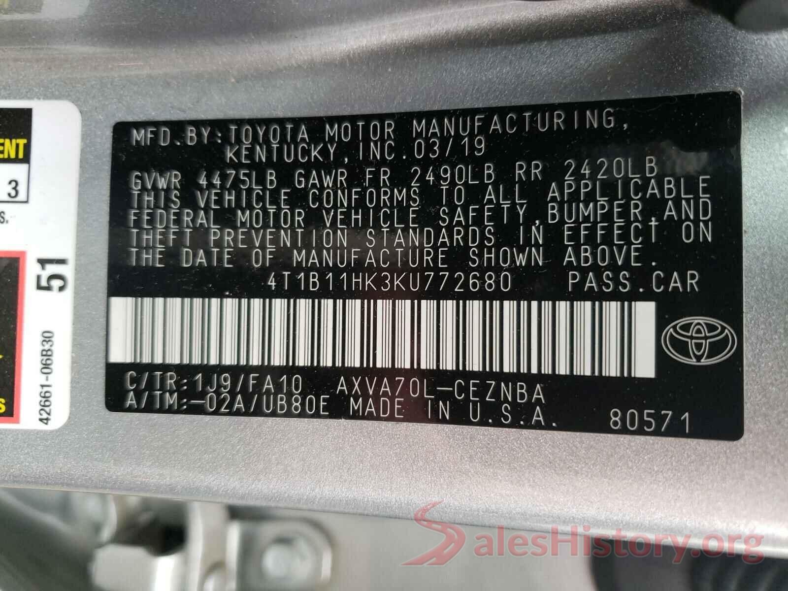 4T1B11HK3KU772680 2019 TOYOTA CAMRY