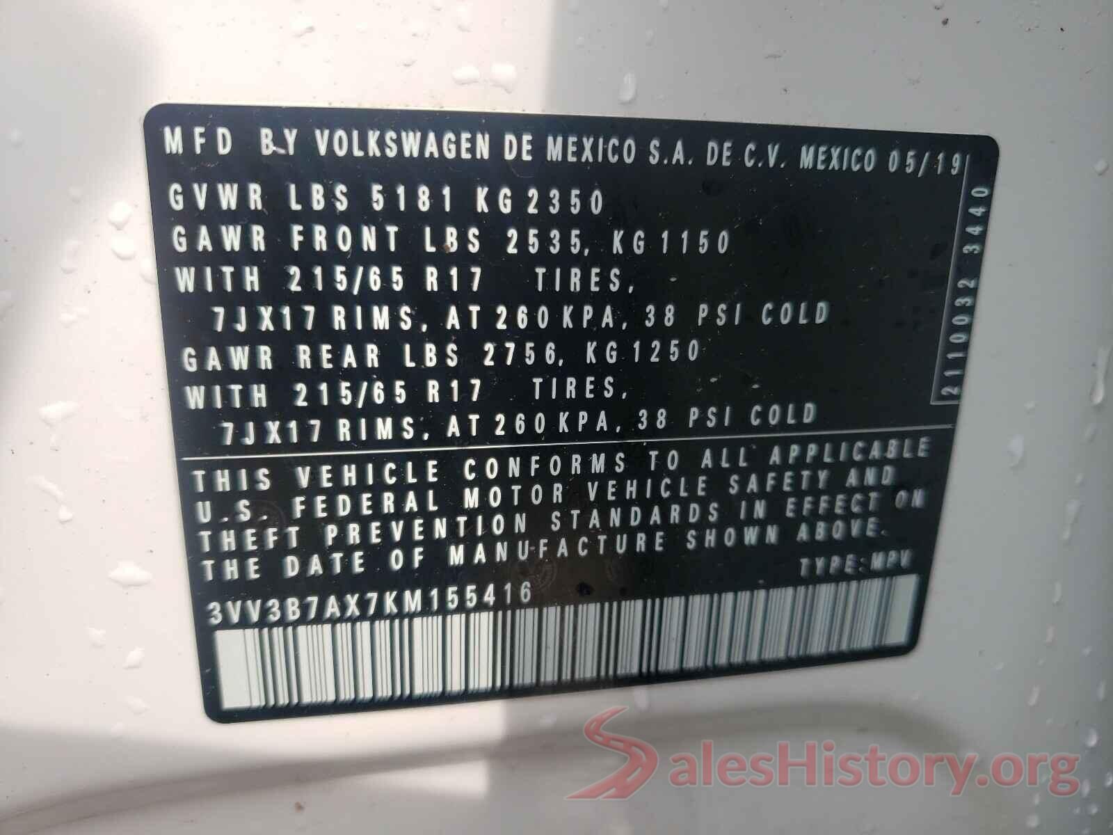 3VV3B7AX7KM155416 2019 VOLKSWAGEN TIGUAN