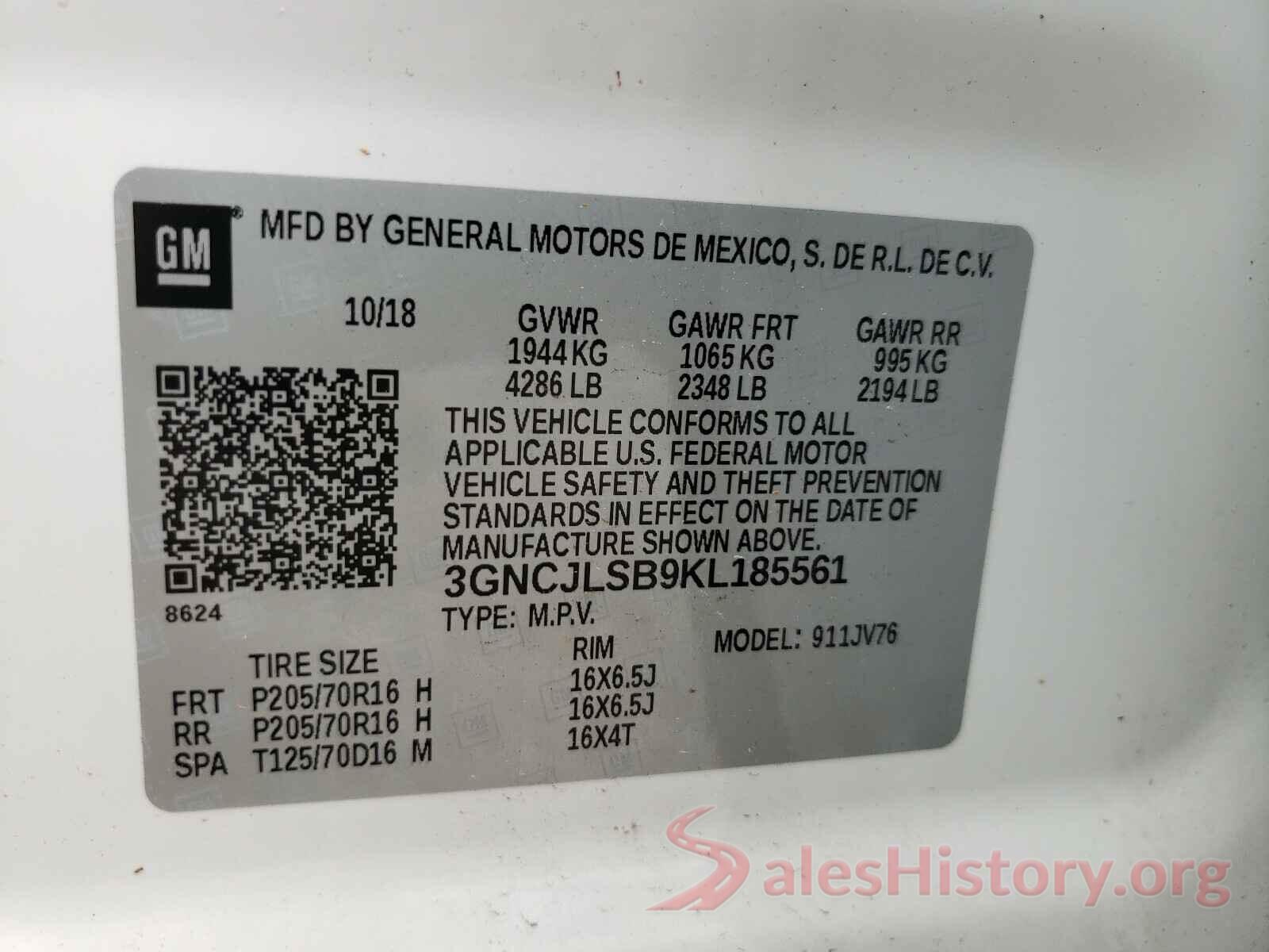 3GNCJLSB9KL185561 2019 CHEVROLET TRAX