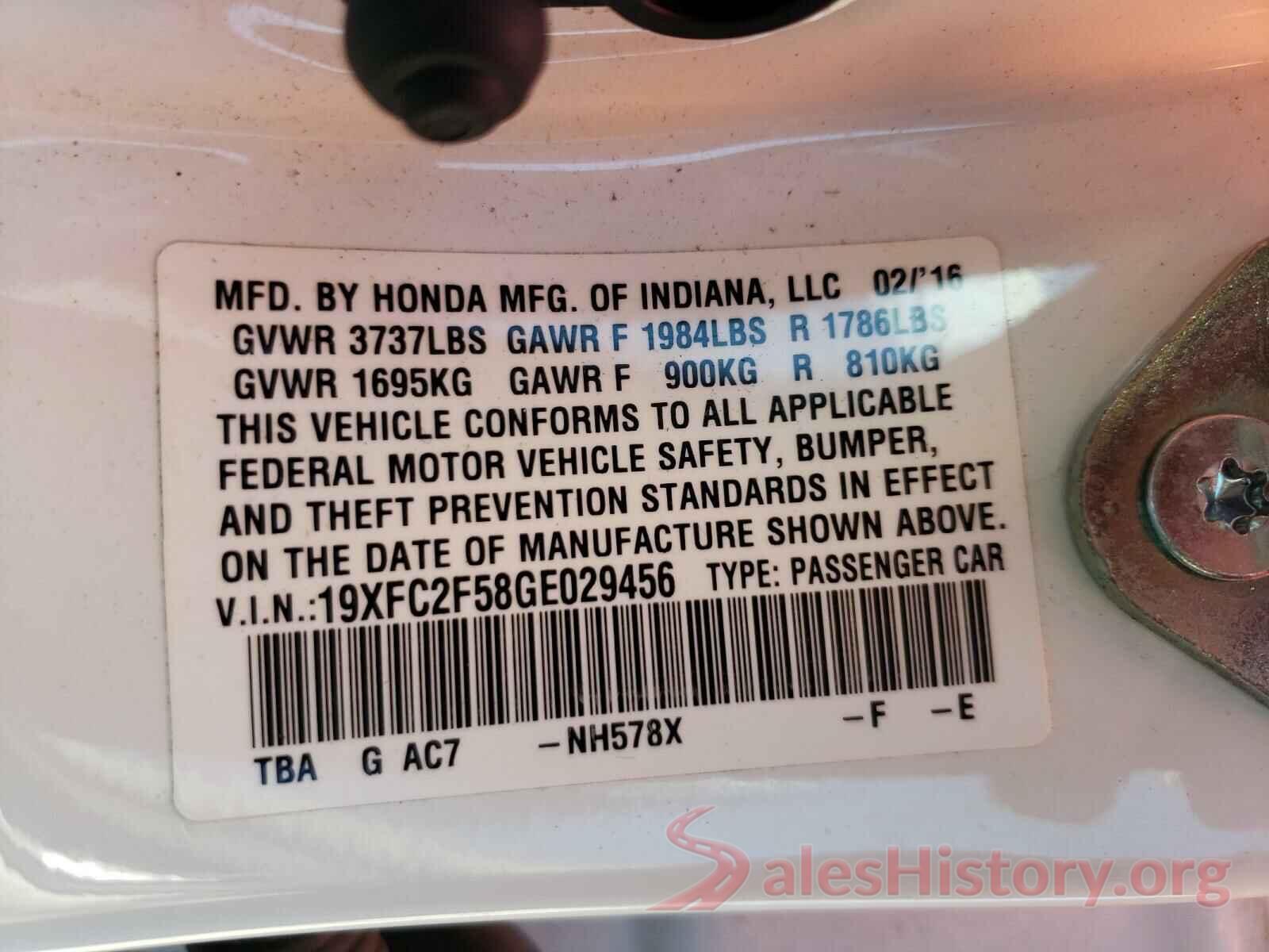 19XFC2F58GE029456 2016 HONDA CIVIC