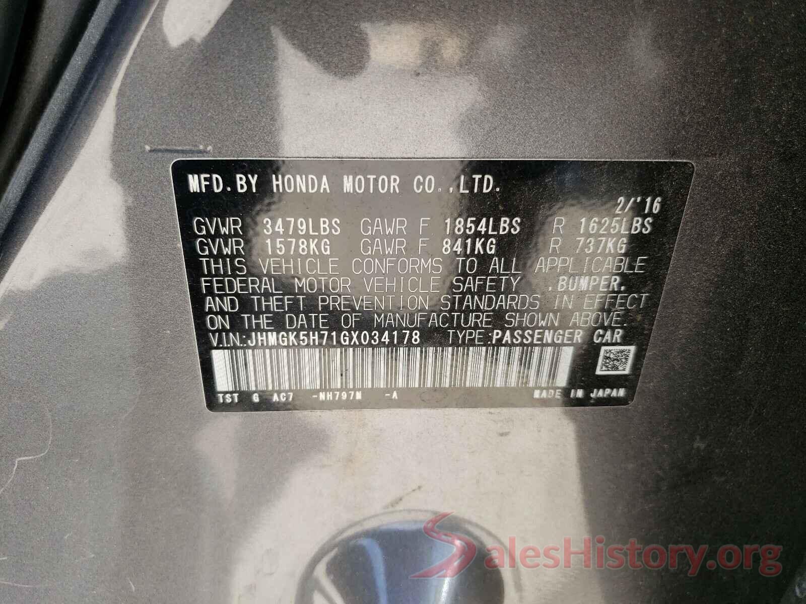 JHMGK5H71GX034178 2016 HONDA FIT