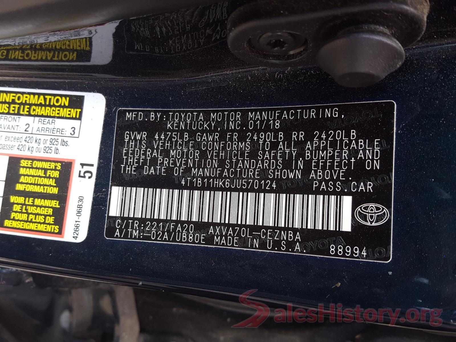 4T1B11HK6JU570124 2018 TOYOTA CAMRY