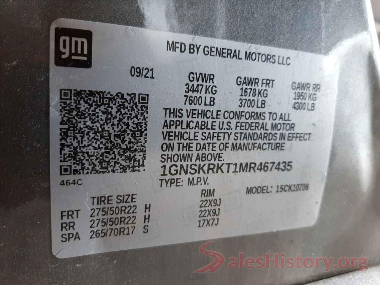 1GNSKRKT1MR467435 2021 CHEVROLET TAHOE