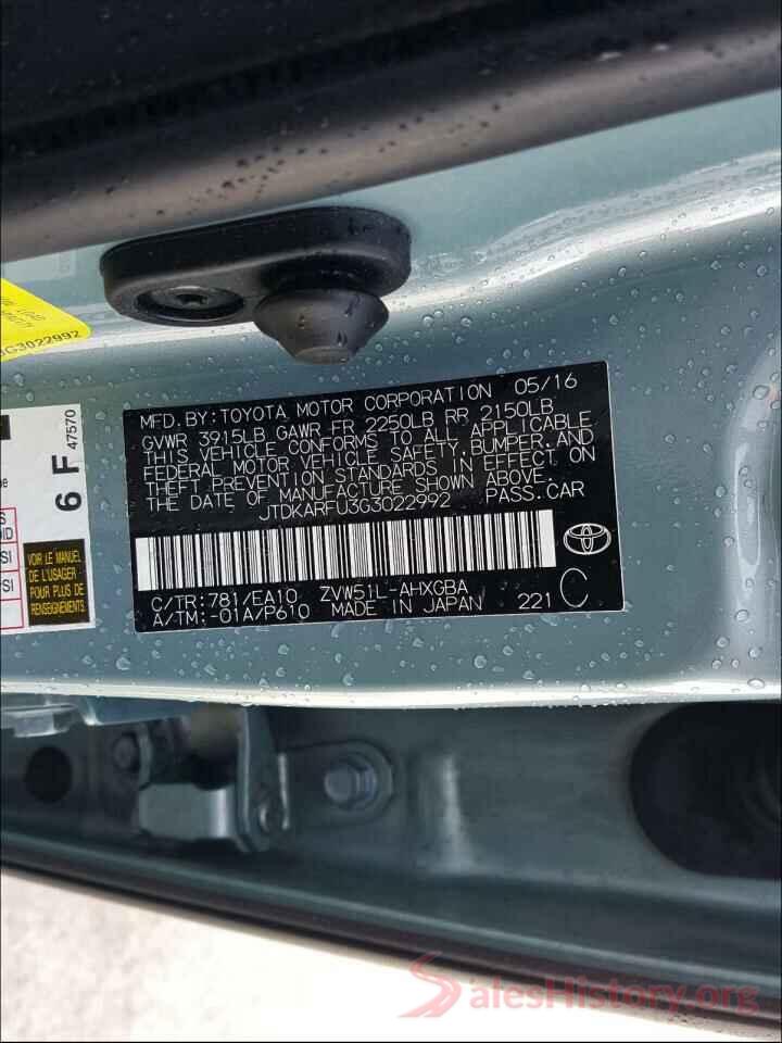 JTDKARFU3G3022992 2016 TOYOTA PRIUS