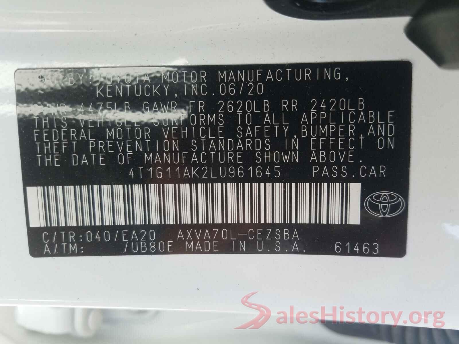 4T1G11AK2LU961645 2020 TOYOTA CAMRY