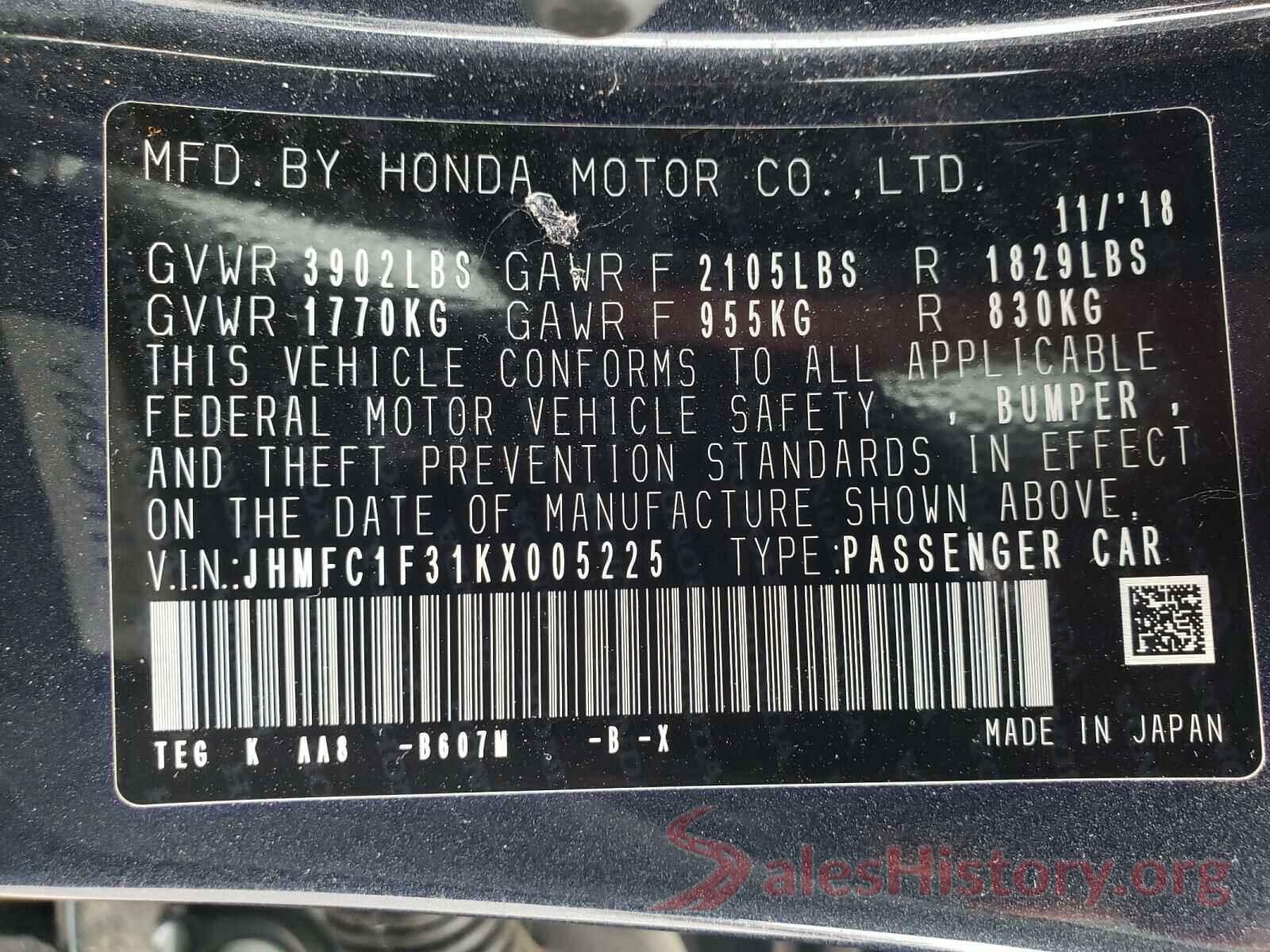 JHMFC1F31KX005225 2019 HONDA CIVIC