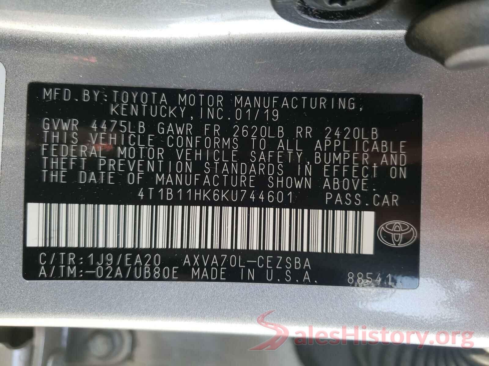 4T1B11HK6KU744601 2019 TOYOTA CAMRY