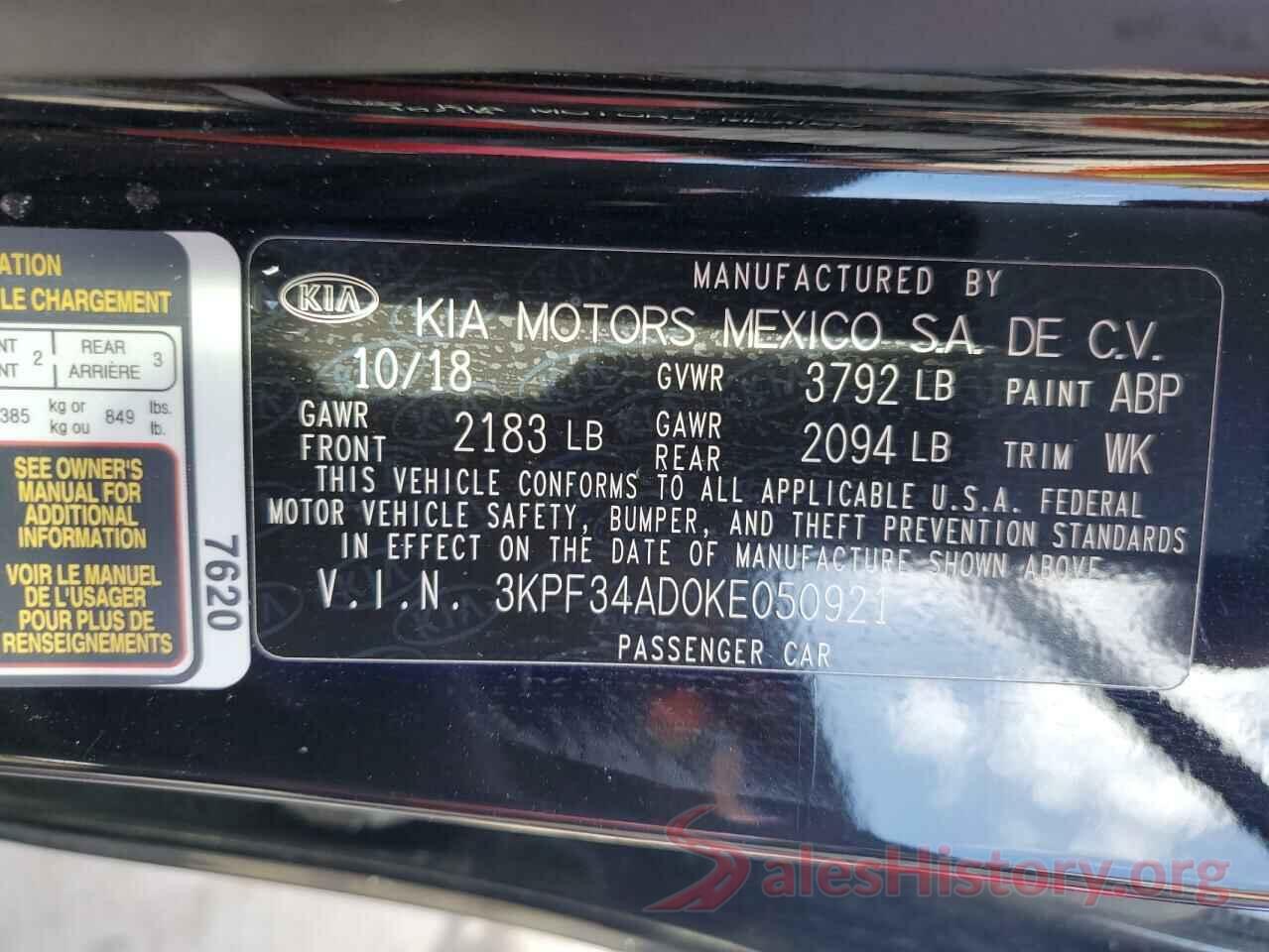 3KPF34AD0KE050921 2019 KIA FORTE