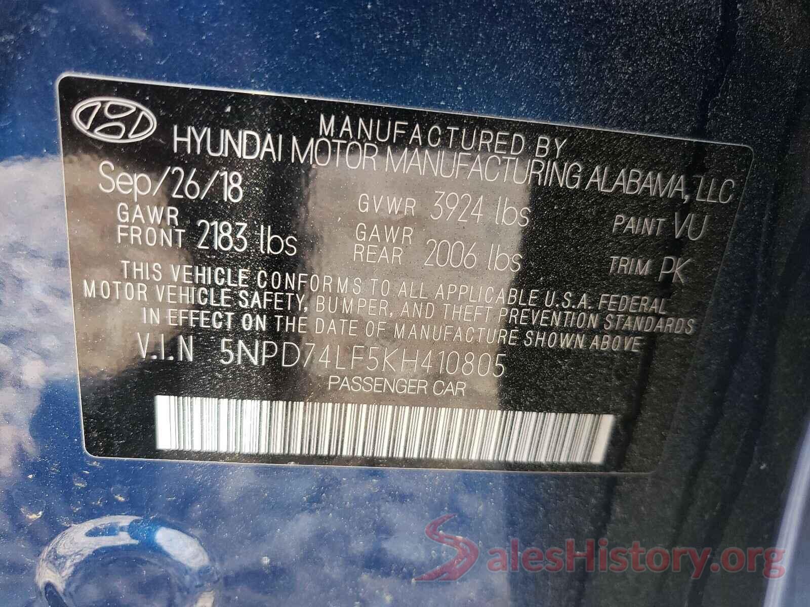 5NPD74LF5KH410805 2019 HYUNDAI ELANTRA