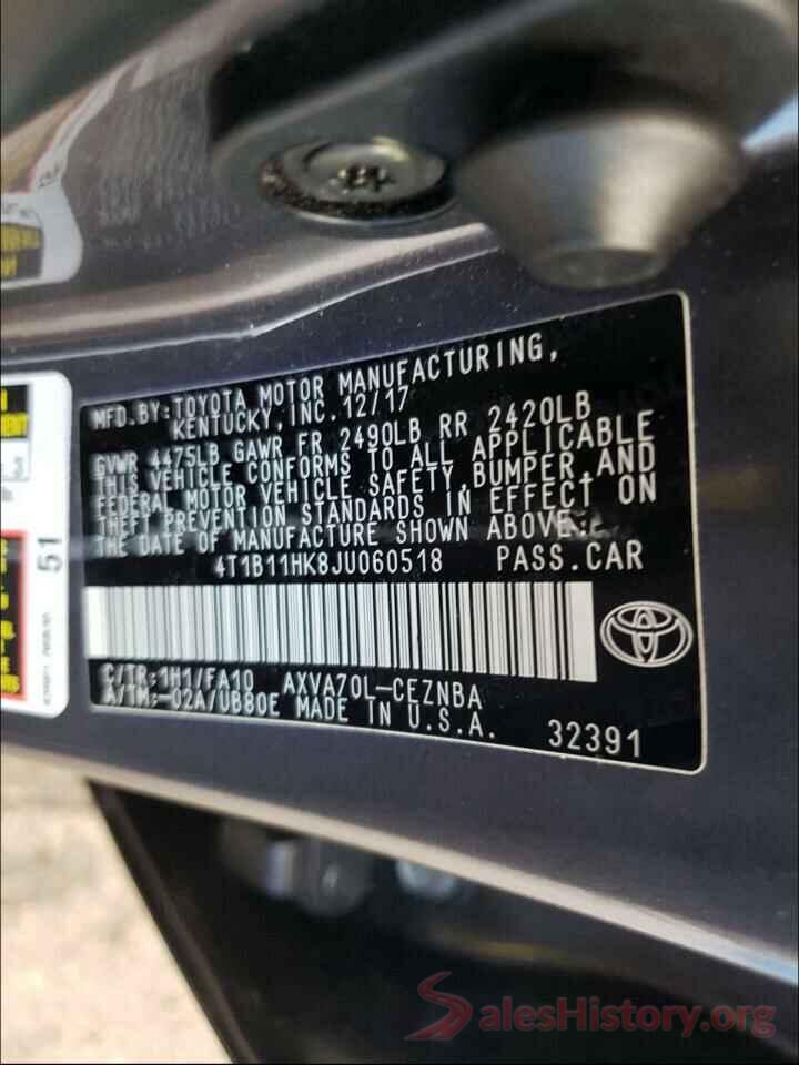 4T1B11HK8JU060518 2018 TOYOTA CAMRY