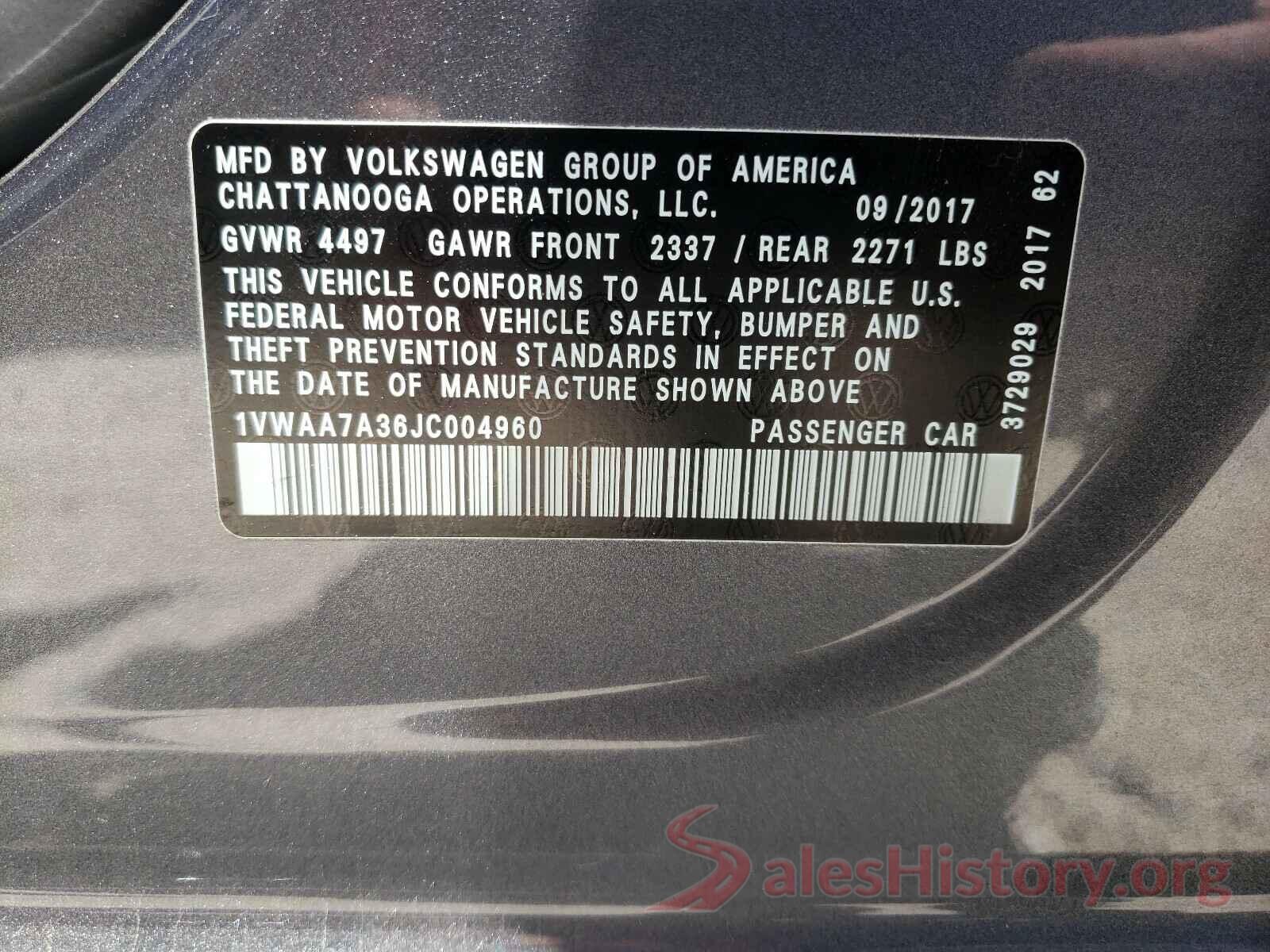 1VWAA7A36JC004960 2018 VOLKSWAGEN PASSAT