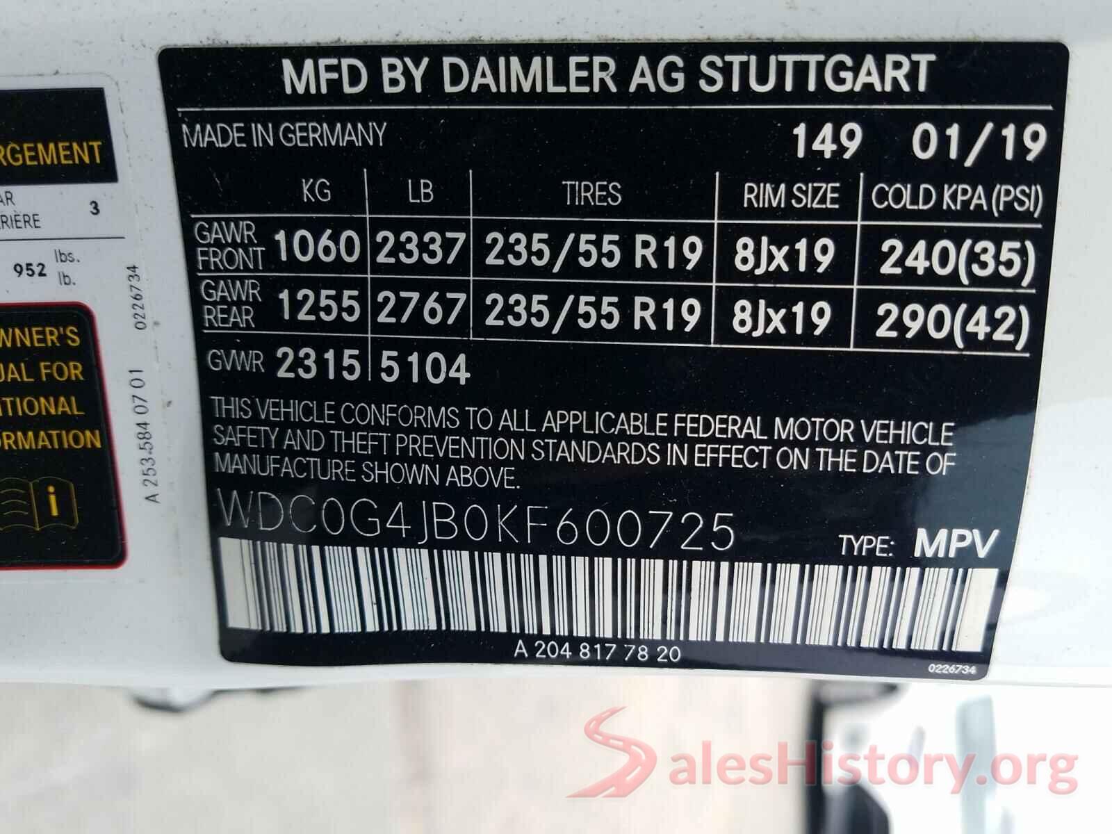 WDC0G4JB0KF600725 2019 MERCEDES-BENZ GLC-CLASS