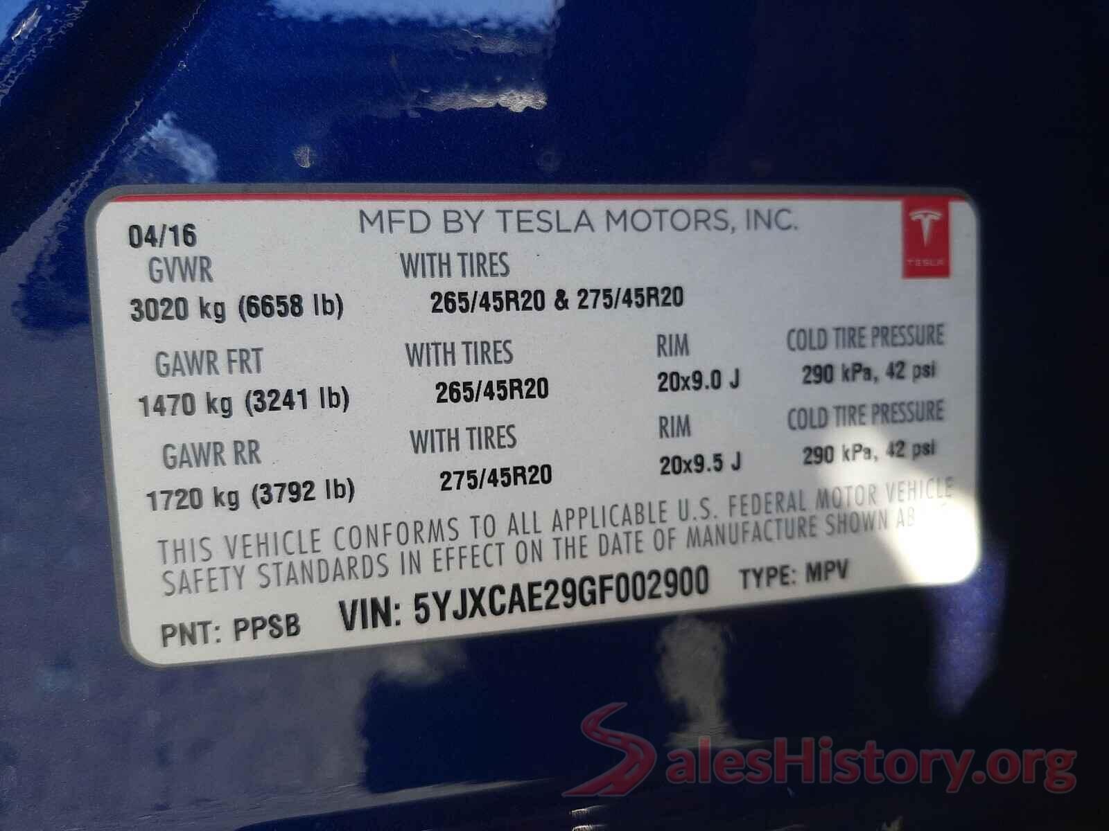 5YJXCAE29GF002900 2016 TESLA MODEL X