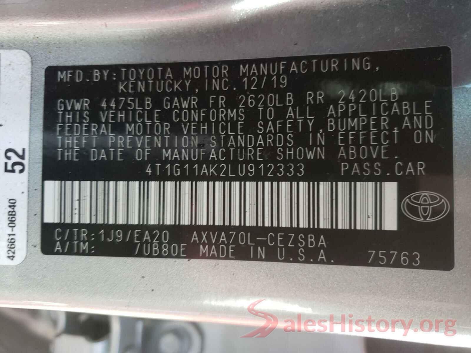 4T1G11AK2LU912333 2020 TOYOTA CAMRY