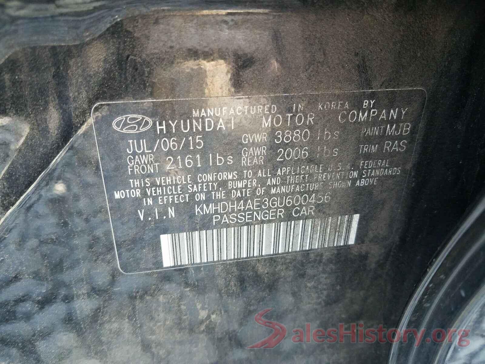 KMHDH4AE3GU600456 2016 HYUNDAI ELANTRA