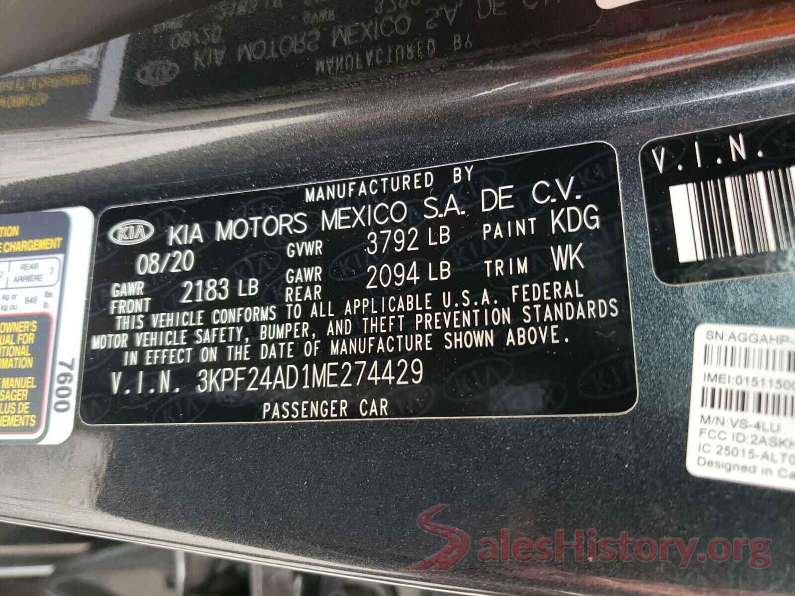 3KPF24AD1ME274429 2021 KIA FORTE