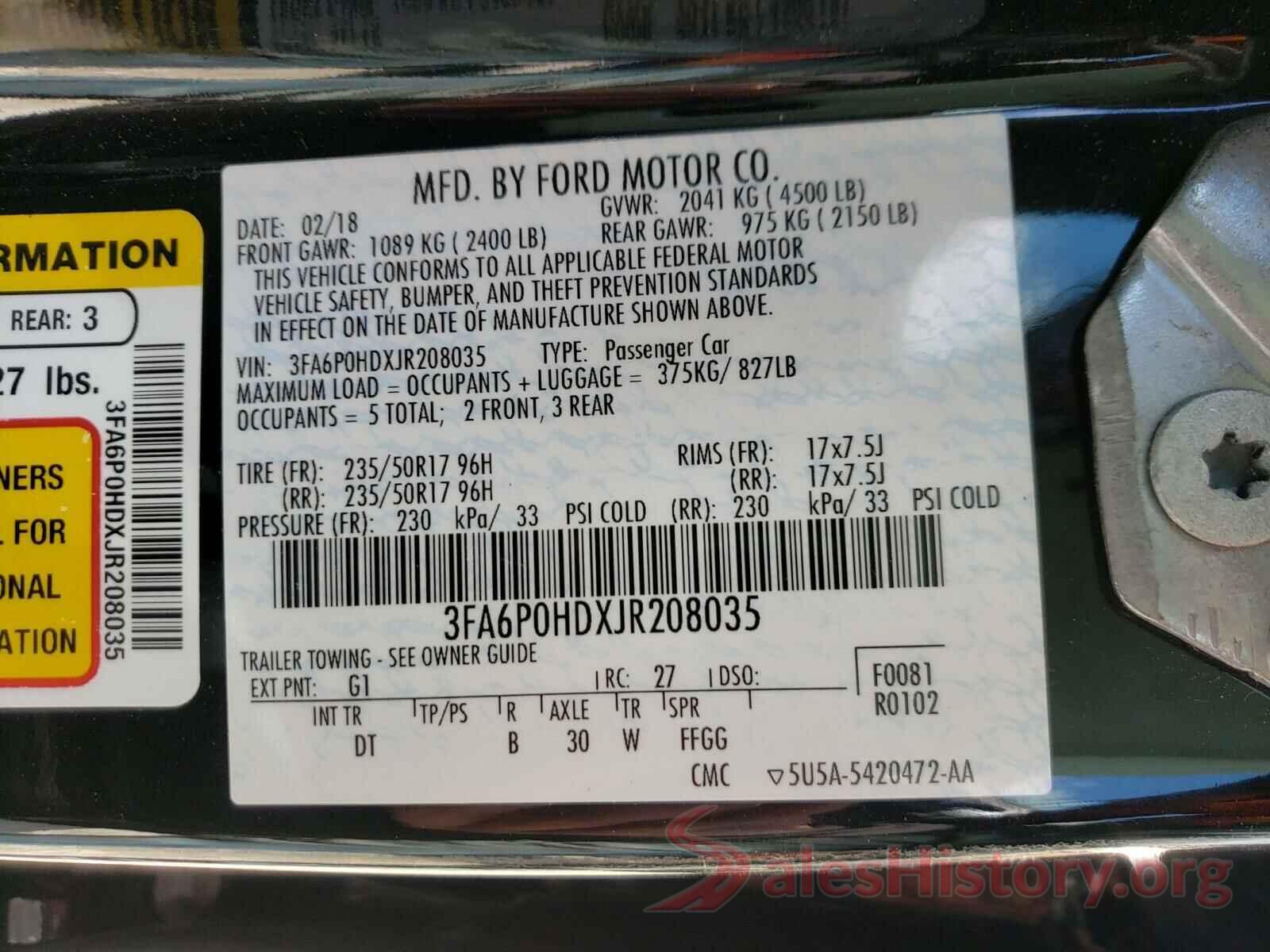 3FA6P0HDXJR208035 2018 FORD FUSION