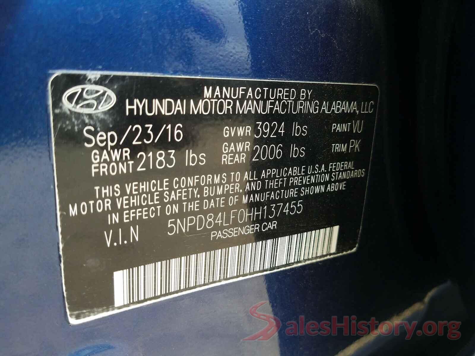 5NPD84LF0HH137455 2017 HYUNDAI ELANTRA