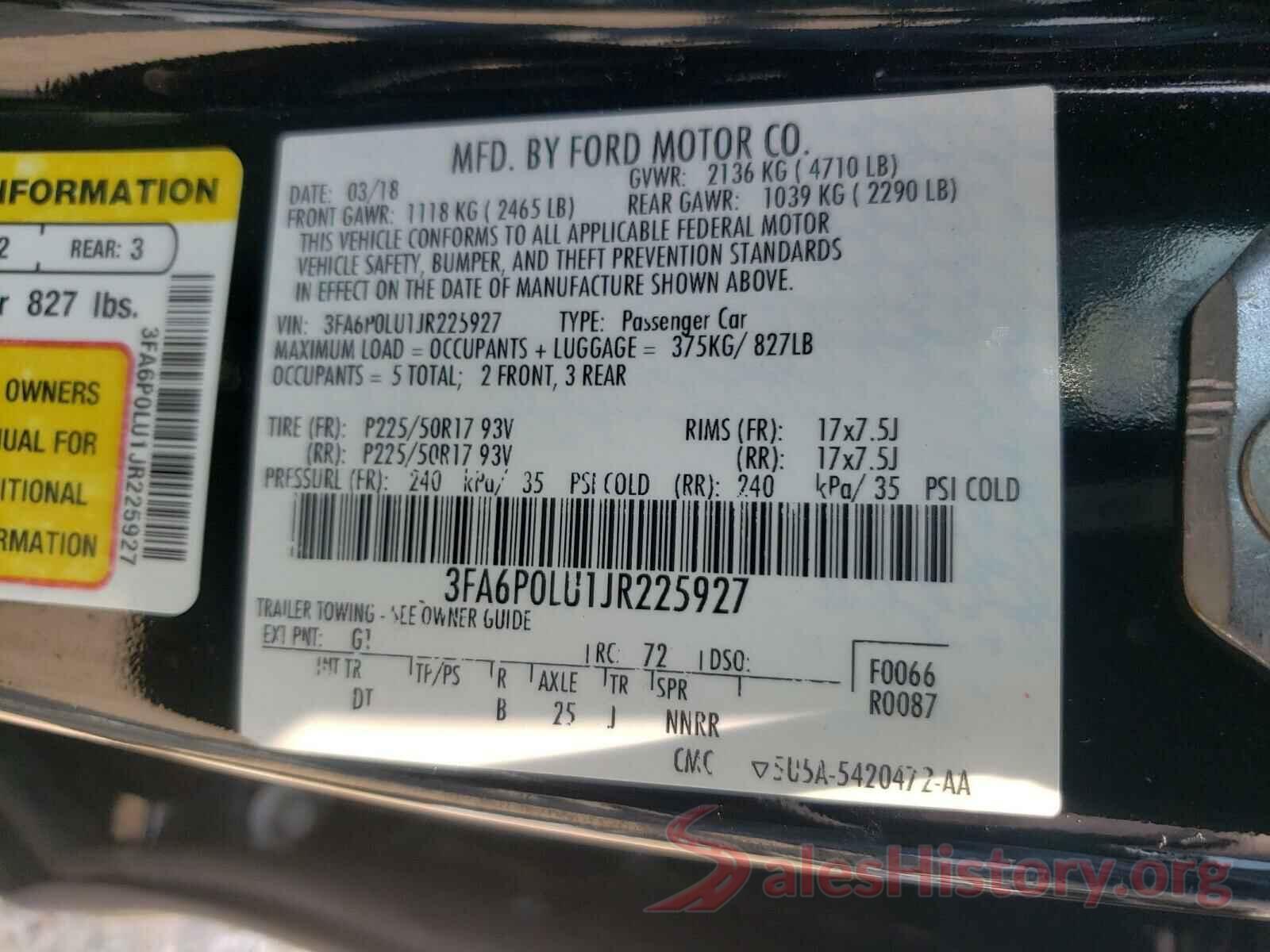 3FA6P0LU1JR225927 2018 FORD FUSION