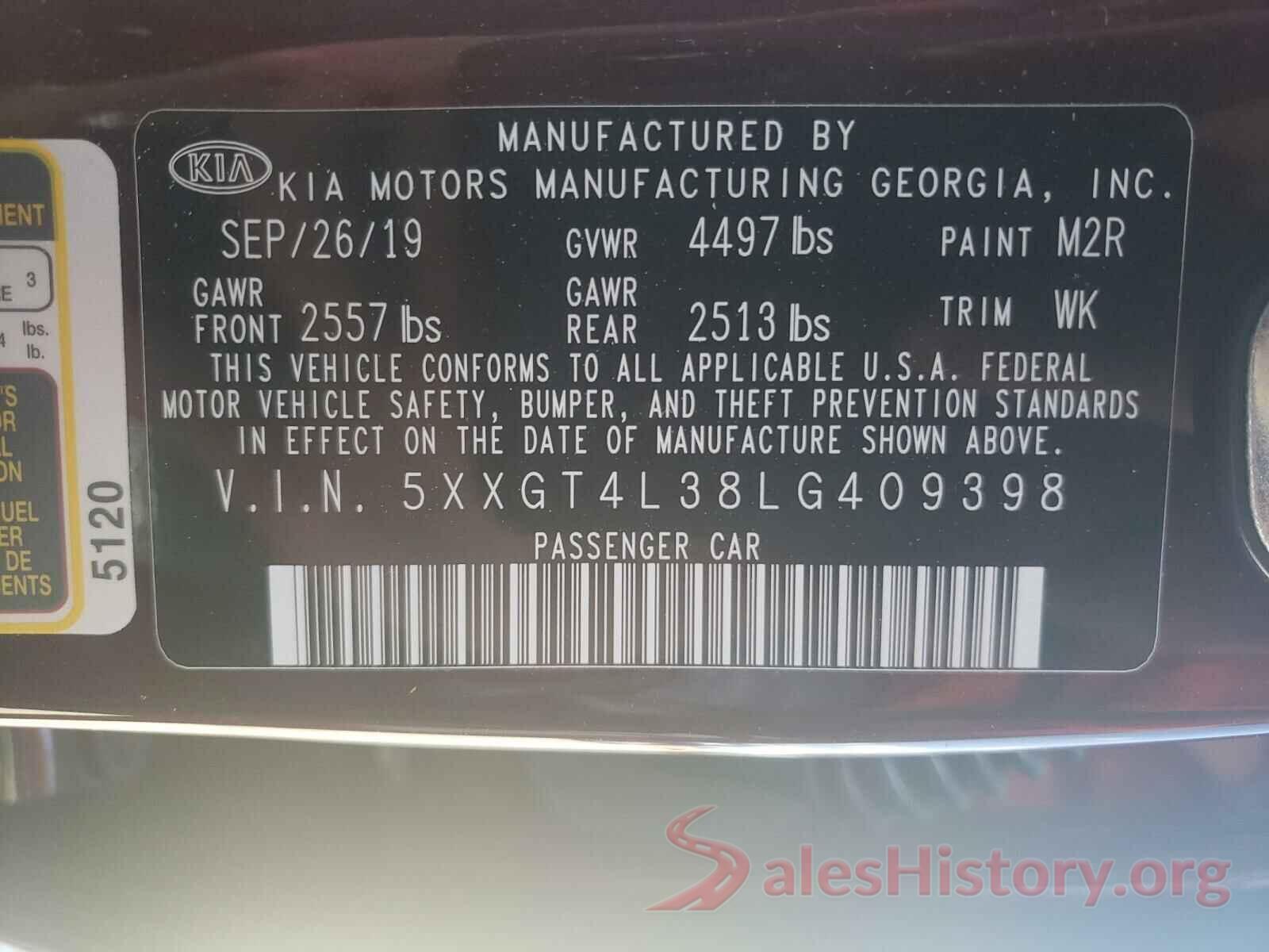 5XXGT4L38LG409398 2020 KIA OPTIMA