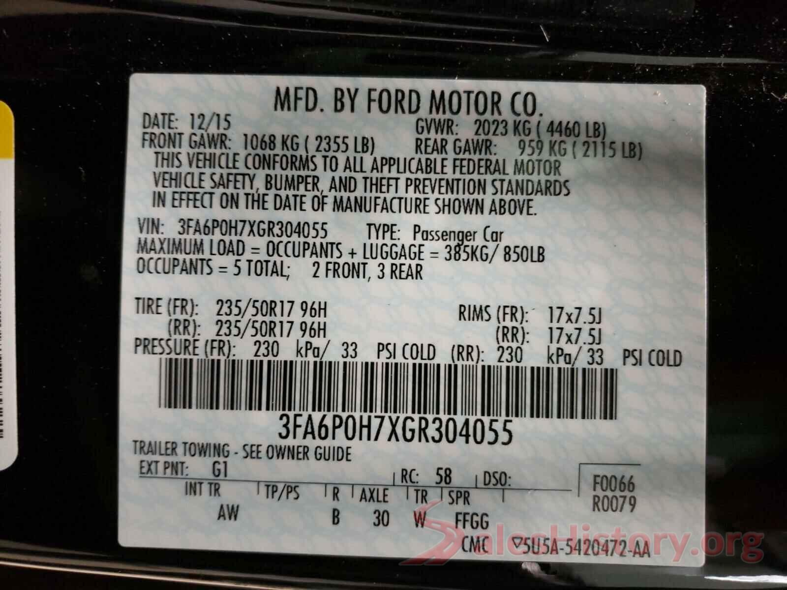 3FA6P0H7XGR304055 2016 FORD FUSION