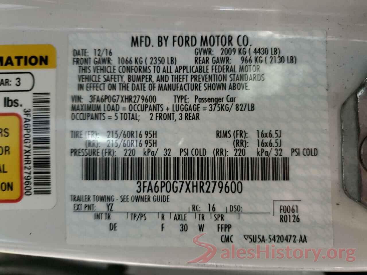 3FA6P0G7XHR279600 2017 FORD FUSION