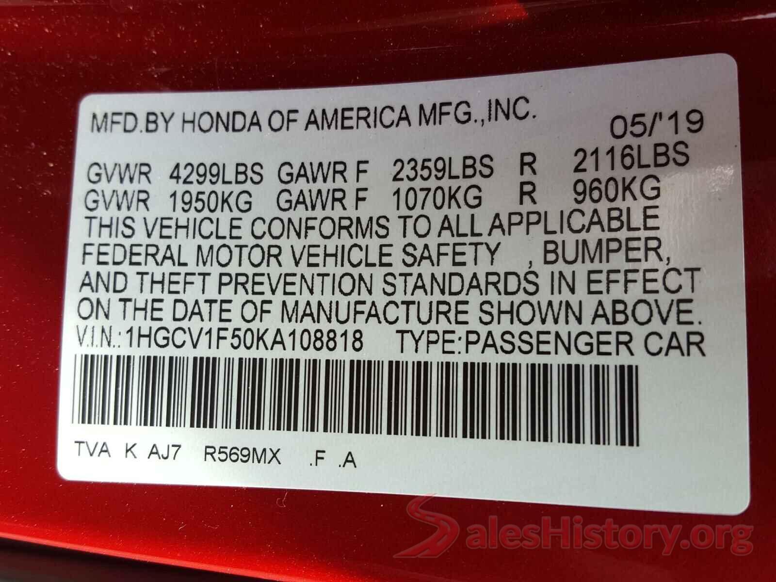 1HGCV1F50KA108818 2019 HONDA ACCORD