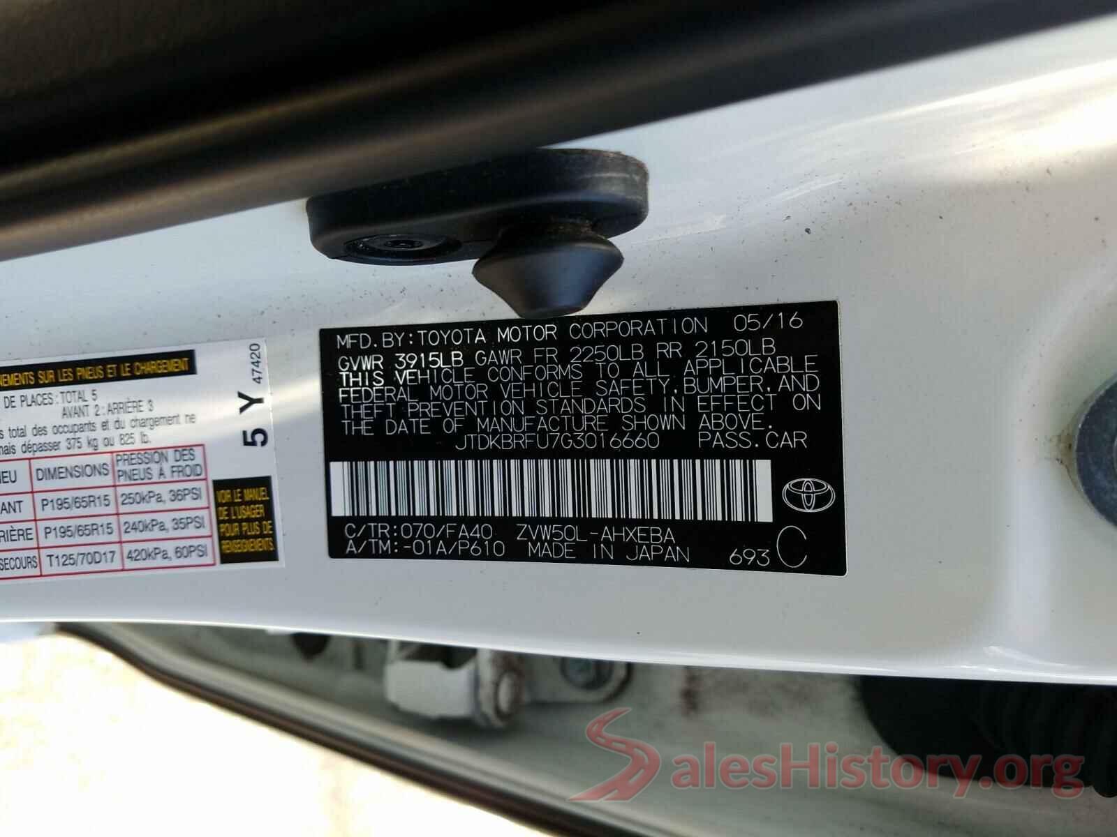 JTDKBRFU7G3016660 2016 TOYOTA PRIUS